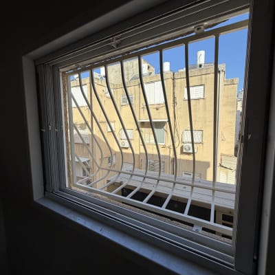 סורגי חלון מתכתיים עם נוף חיצוני