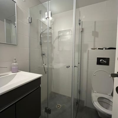 מקלחון זכוכית בחדר אמבטיה עם כיור ושירותים