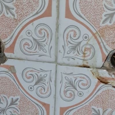 צינורות חלודים בקיר עם אריחים מעוטרים