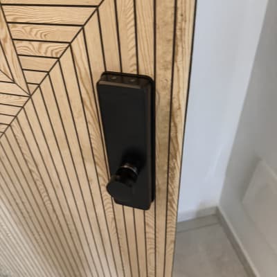 מנעול דלת מודרני על דלת עץ מעוצבת