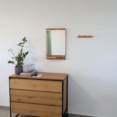 שידה מעץ עם מראה על הקיר וצמח קטן