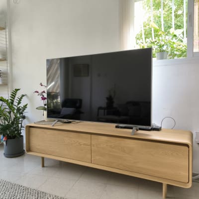 טלוויזיה על מזנון עץ עם צמחים מסביב