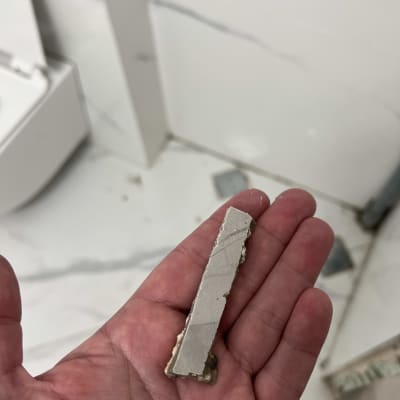 יד מחזיקה חתיכת קרמיקה שבורה בחדר אמבטיה