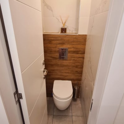 שירותים עם קיר עץ, אסלה ומברשת ניקוי