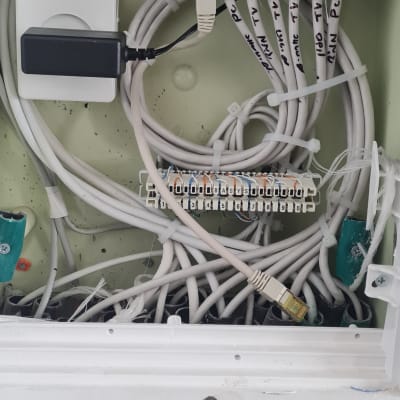 מתג רשת עם כבלים מחוברים ותגיות זיהוי