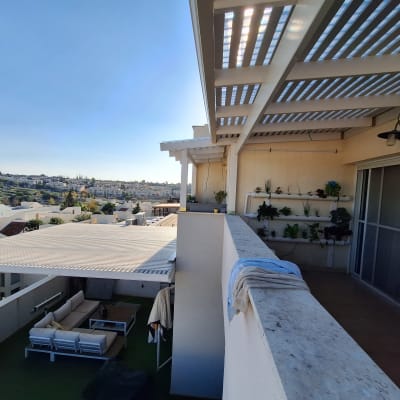 קיר עם מדפי צמחים ופרגולה מעץ