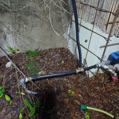 צינור מים מחובר לברז בגינה עם צמחייה