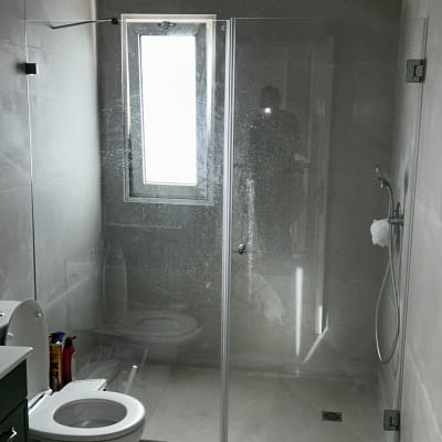 מקלחון זכוכית עם ראש מקלחת, שירותים וחומרי ניקוי