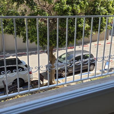 מעקה מתכת לבן עם עיטורים מול חלון פתוח לרחוב