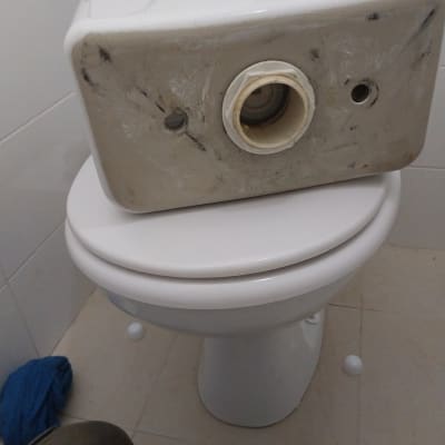 מיכל הדחה מונח על אסלה בחדר אמבטיה