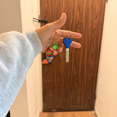 יד מחזיקה מפתח מול דלת עץ