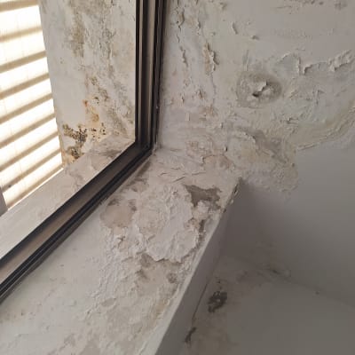 קיר עם קילופי צבע ועובש ליד חלון