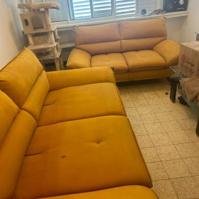 ספות צהובות בחדר עם חלון ותריסים