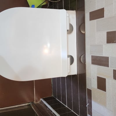 אסלה עם מכסה סגור ונייר טואלט על מתקן