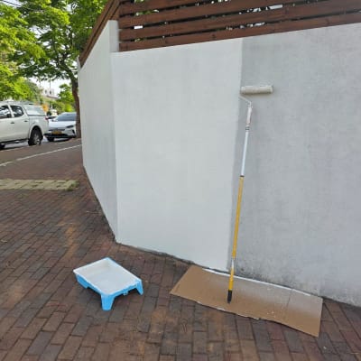 קיר צבוע בלבן עם רולר ומגש צבע