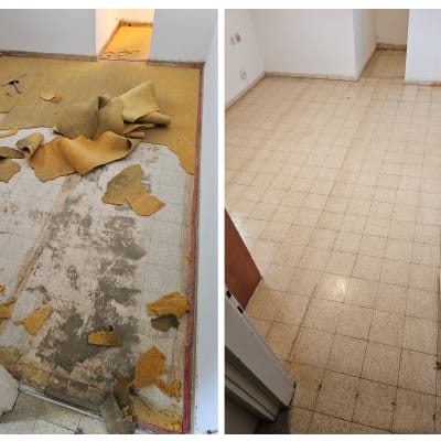 רצפה לפני ואחרי ניקוי והסרת שטיח