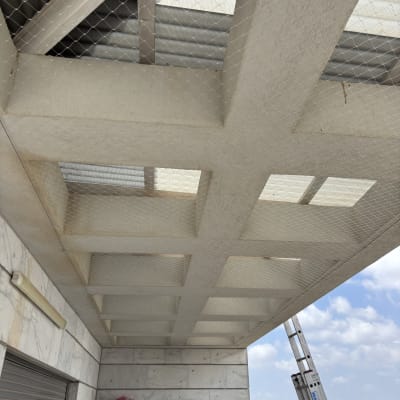 רשת יונים מותקנת על תקרה במרפסת עם סולם בצד