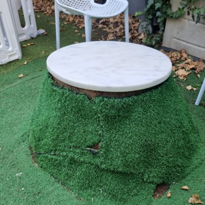 משטח דשא סינתטי עם עלים יבשים מסביב