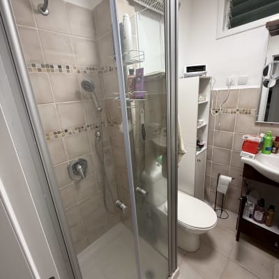 מקלחון עם דלתות זכוכית ומוט מקלחת