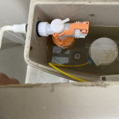 מיכל מים עם חלקי אינסטלציה בתוך אסלה