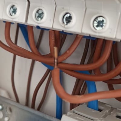 חוטי חשמל חומים וכחולים בלוח חשמל