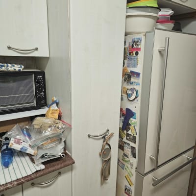 מטבח עם מקרר, מיקרוגל וכלים על השיש