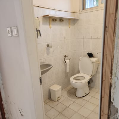 שירותים עם קיר חשוף, כיור ואסלה