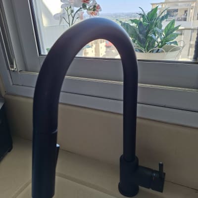 ברז שחור ליד חלון עם צמחים