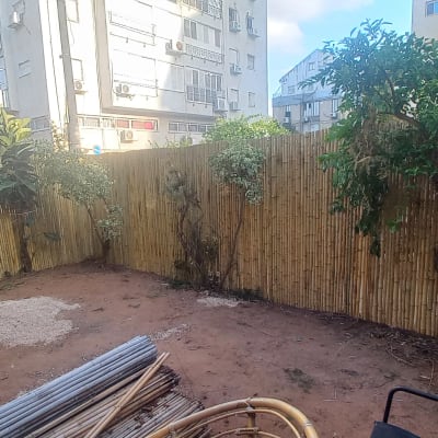 גדר במבוק עם צמחים, צינור מים וחומרי בנייה