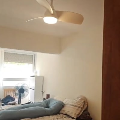 מאוורר תקרה בחדר שינה עם מיטה וארונית