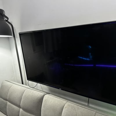 טלוויזיה מותקנת על קיר ליד מנורה וספה