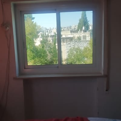 חלון אלומיניום עם נוף חיצוני של עצים ובניינים