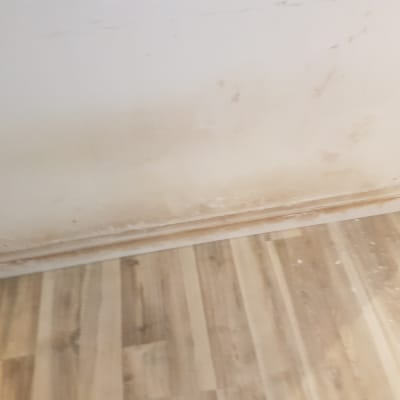 קיר עם סימני לכלוך וכתמים, רצפת עץ