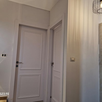 דלתות לבנות עם ידיות מתכת בחדר מואר