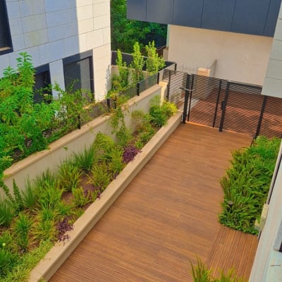 גינה על גג עם דק עץ וצמחייה ירוקה