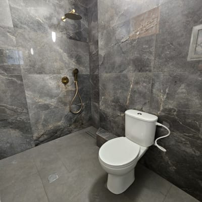 מקלחת ושירותים עם אריחים אפורים וברז זהב