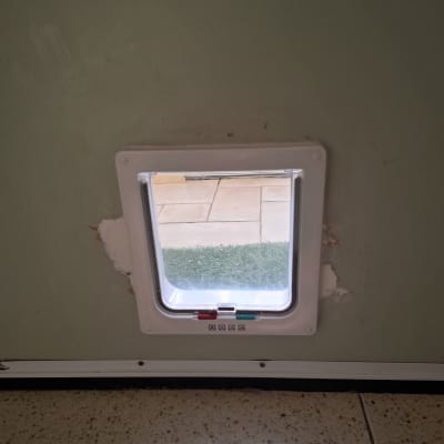 פתח לחיות מחמד בקיר עם רצפת אריחים