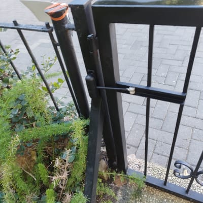 שער מתכת שחור עם מנעול ובריח