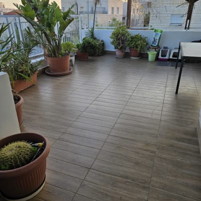 מרפסת עם רצפת אריחים, עציצים מסביב, אין אלמנטים של איטום נראים לעין.