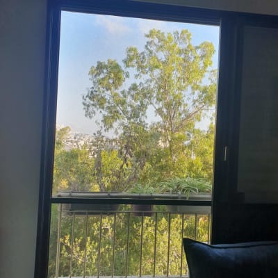 חלון עם מסגרת אלומיניום ועציצים על אדן החלון