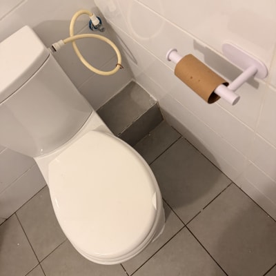 אסלה עם צינור מים ומתקן לנייר טואלט