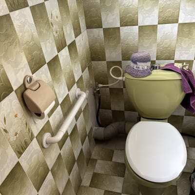 אסלה ירוקה עם כובע סרוג, ידית אחיזה, צינור מים