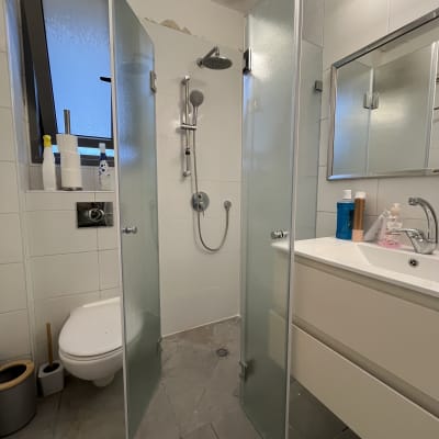 מקלחת עם דלתות זכוכית ושירותים