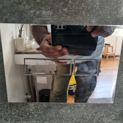 לחצן הדחה בשירותים עם השתקפות של אדם מצלם