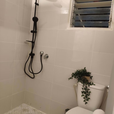 מקלחת עם ראש מקלחת שחור ואסלה לבנה