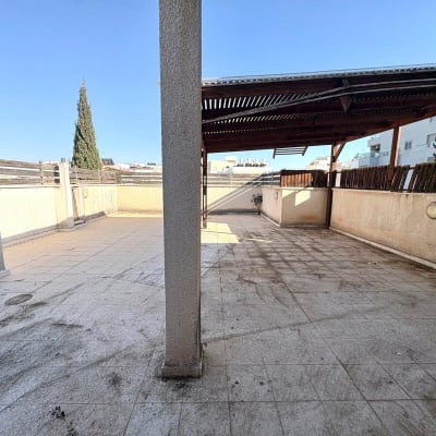 מרפסת מרוצפת עם פרגולה ועצים ברקע