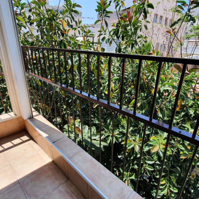 מעקה מתכת במרפסת עם צמחייה ברקע