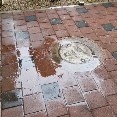 מכסה ביוב על מדרכה רטובה עם שלוליות מים