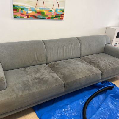 ספה אפורה עם כתמים על יריעת פלסטיק כחולה