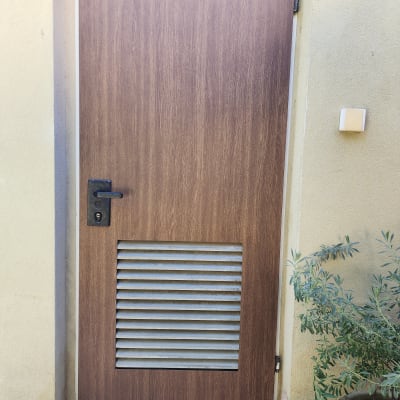 דלת עץ עם פתחי אוורור וצמח בעציץ